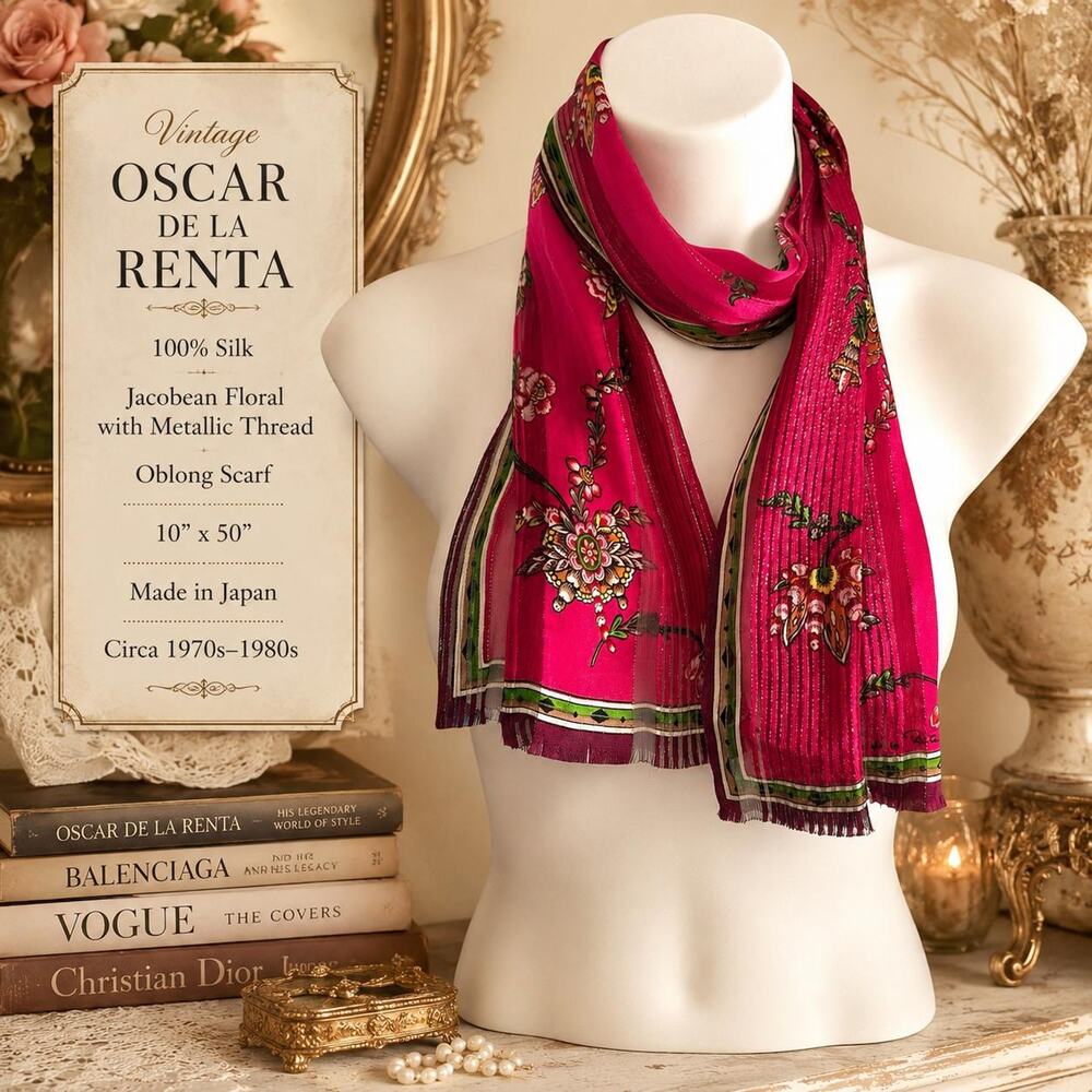 Vintage Oscar de la Renta Silk Scarf Pink Jacobean Floral Metallic Japan 10x50